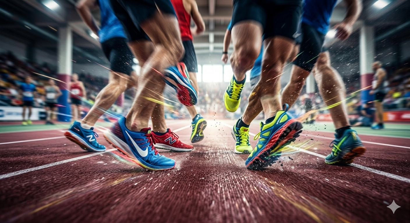 A highly energetic motion blur of colorful sports shoes running on an indoor track, cinematic lighting, ultra-detailed, 8k resolution, energetic atmosphere, dynamic composition. (A Nano Banana2 generated image)