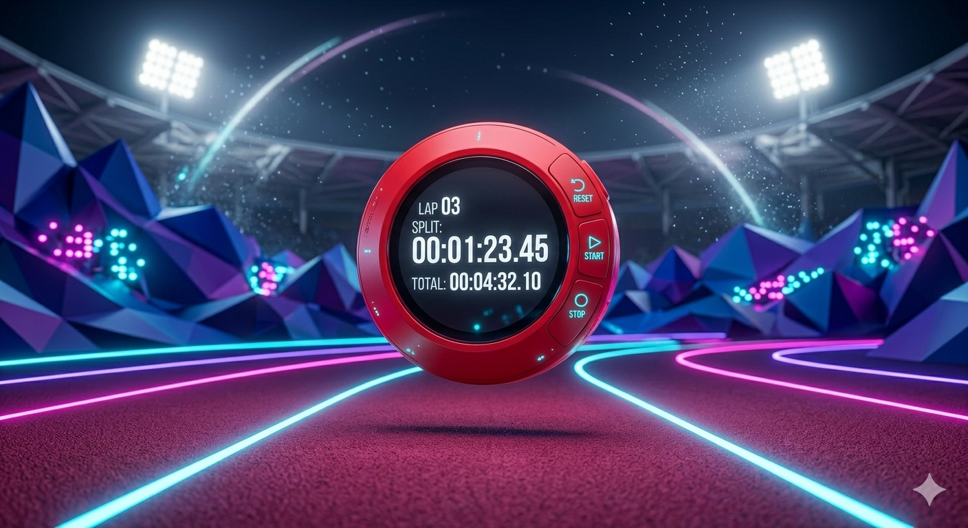 A minimalist bright red digital stopwatch floating over a vibrant, stylized running track surface, neon elements, sleek design, high resolution. (A Nano Banana2 generated image)